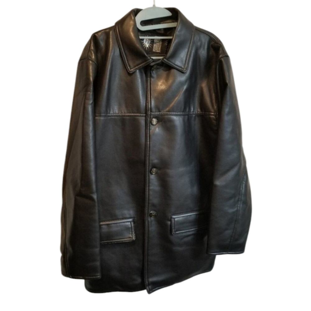 GV Italy Black Leather Car Coat Lion Head Buttons Women Medium Vintage Jacket